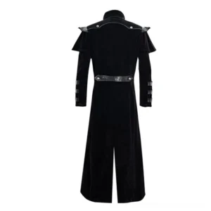 Steampunk coat rear view showing structured shoulders and waist belt straps detail
