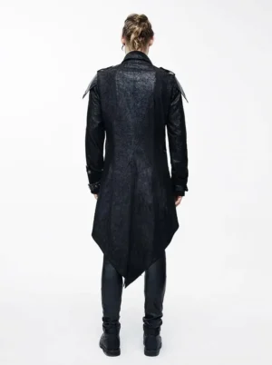 Steampunk trench coat back view showing split hem, textured embossed fabric, shoulder pad accents, and industrial styling with leather pants