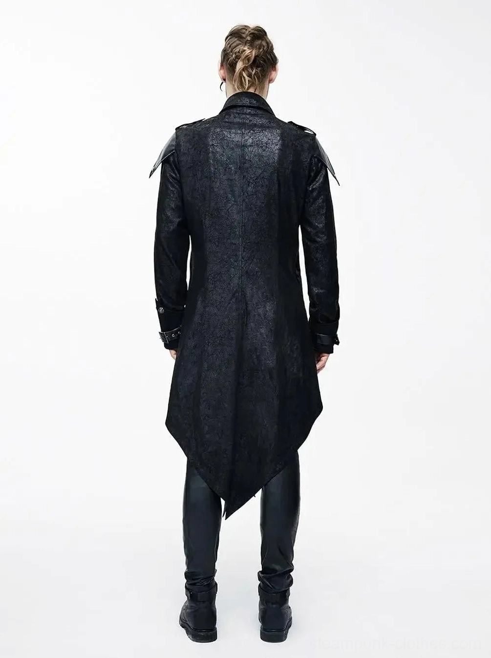 Steampunk trench coat back view showing split hem, textured embossed fabric, shoulder pad accents, and industrial styling with leather pants