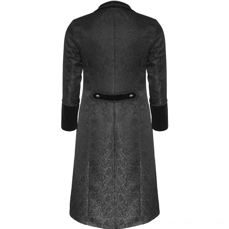 Steampunk coat back view featuring waist strap with metal buttons and full jacquard fabric pattern