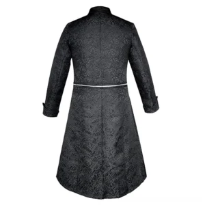 Steampunk military long coat back view with waist zipper trim and tailored silhouette in black jacquard fabric