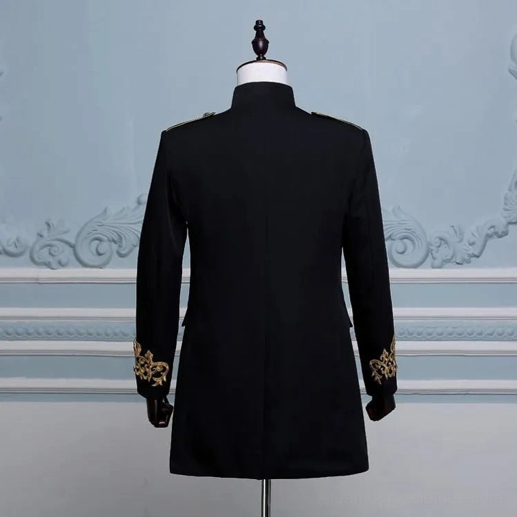 Black steampunk coat back view showing solid fabric construction and gold embroidered cuffs detail