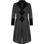 Black gothic steampunk long coat front view with ornate metal buttons and velvet trim details