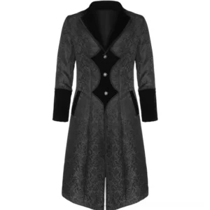 Black gothic steampunk long coat front view with ornate metal buttons and velvet trim details