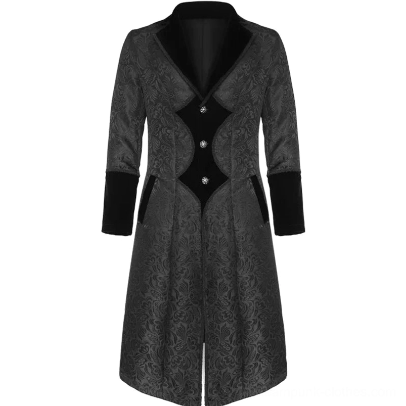 Black gothic steampunk long coat front view with ornate metal buttons and velvet trim details