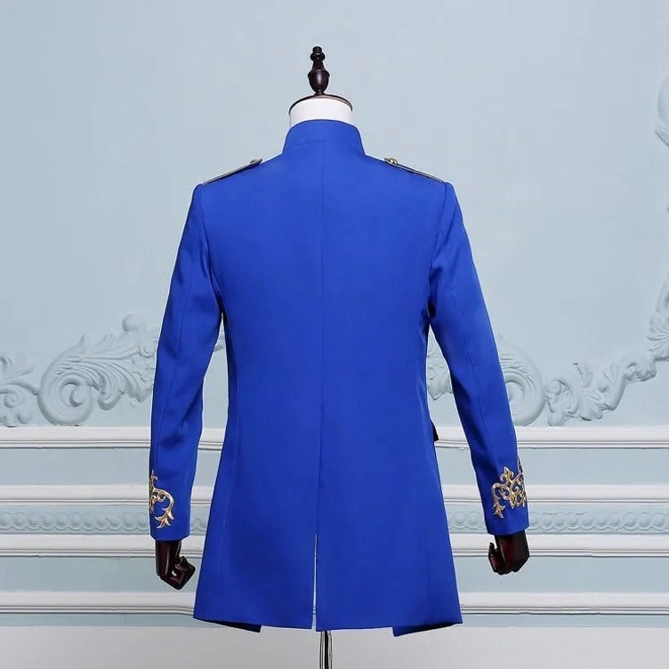 Blue steampunk coat for men showing back center slit and gold embroidered cuff details, back view display