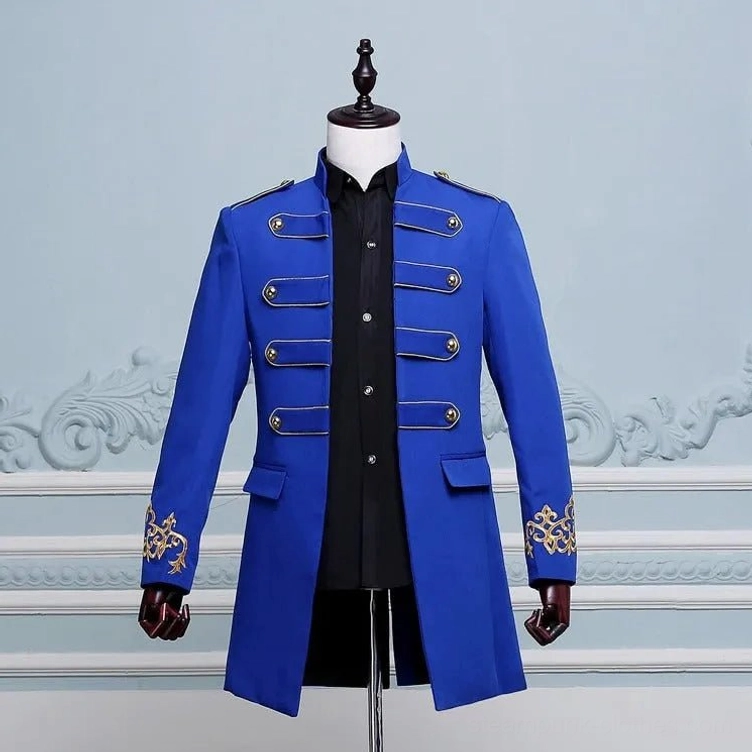 Royal blue steampunk military coat with gold decorative straps and embroidered cuffs, full front view on display