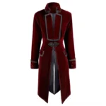 Burgundy velvet steampunk coat frontal view with dark grey trim, split front hem, and embroidered cuffs details