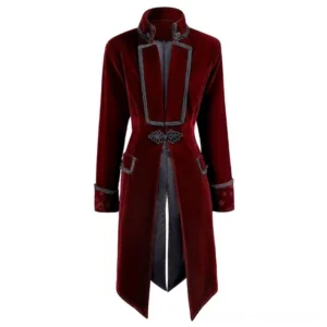 Burgundy velvet steampunk coat frontal view with dark grey trim, split front hem, and embroidered cuffs details