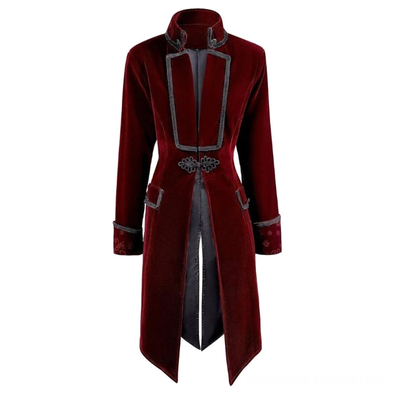 Burgundy velvet steampunk coat frontal view with dark grey trim, split front hem, and embroidered cuffs details