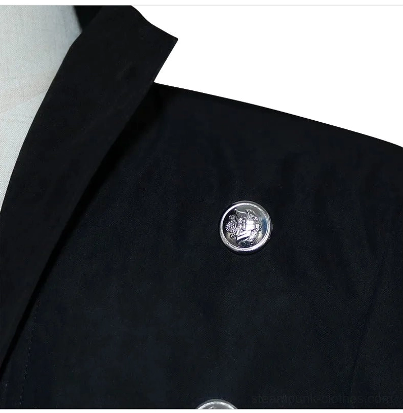 Close-up front view of steampunk coat collar and embossed silver metal button embellishment detail