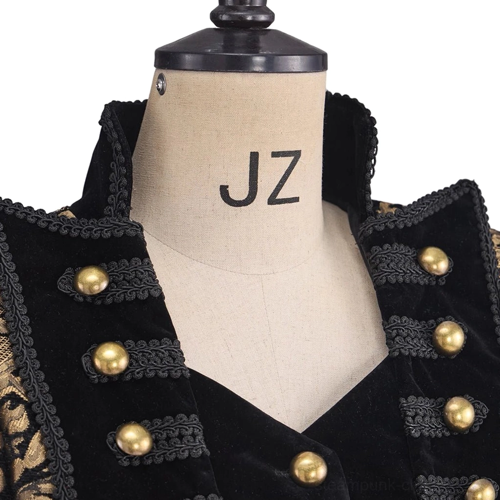 Close-up detail of steampunk coat collar and buttons featuring braided velvet trim, round gold buttons, and intricate embroidery work