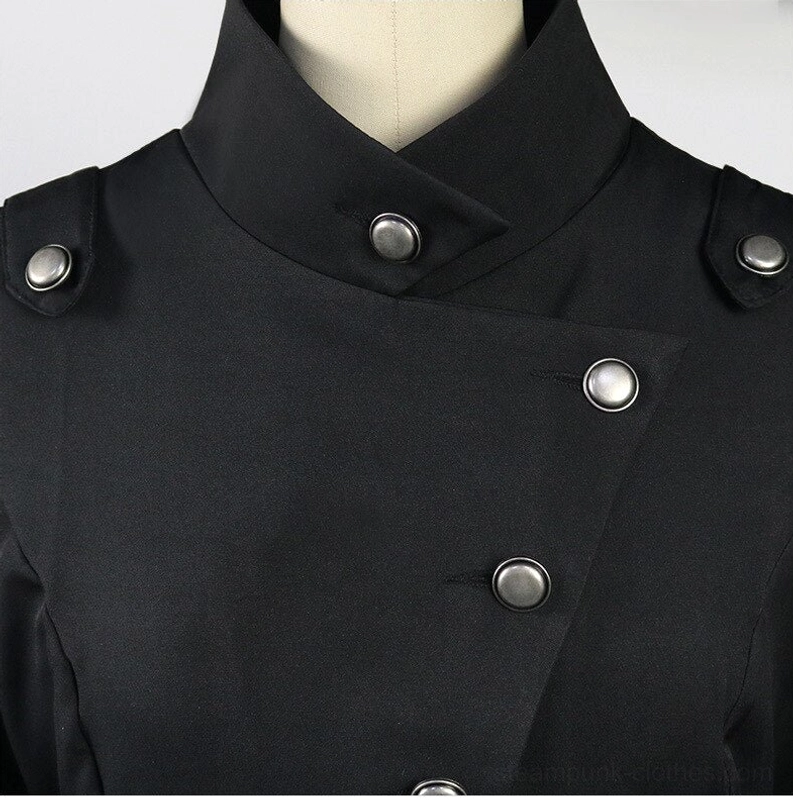 Steampunk trench coat detail close-up of asymmetrical collar and metal round buttons