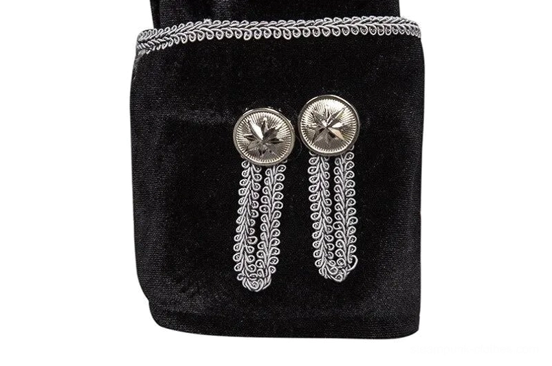 Steampunk coat collar and trim decoration with black velvet and silver braided accents with tassel buttons