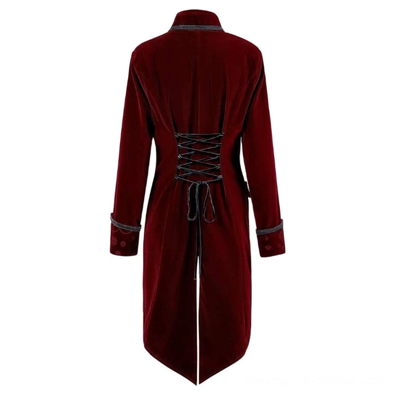 Steampunk coat rear view featuring lace-up corset back closure with split tail hem, Victorian-inspired design