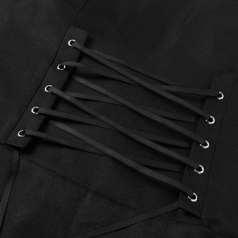 Close-up detail of steampunk coat black lace straps with metal eyelets and corset hardware