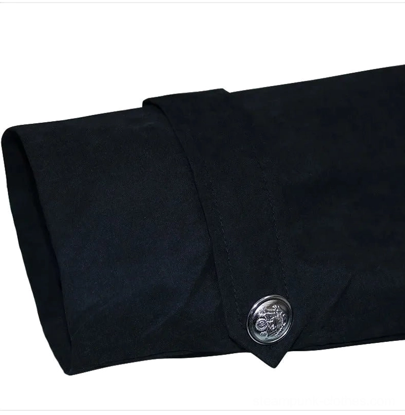 Close-up side view of steampunk coat cuff featuring matte black fabric and silver metal button detail