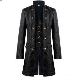 Men's steampunk tailcoat flat lay displaying damask pattern fabric, stand collar, and decorative gold button details