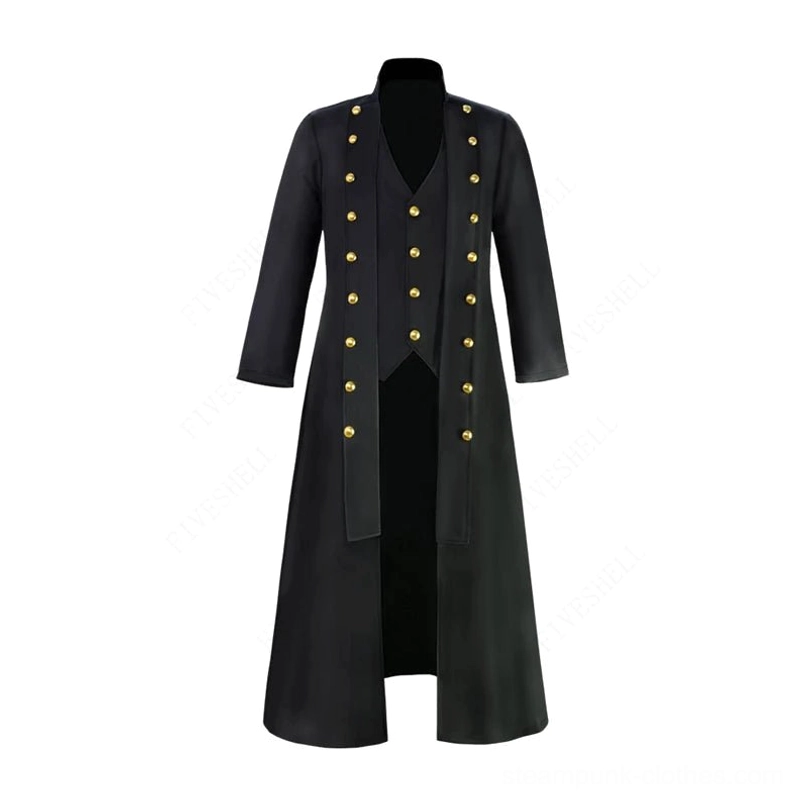 Black steampunk long coat on mannequin with gold front buttons and layered vest detail
