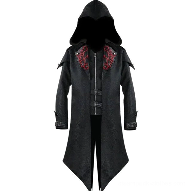 Black steampunk hooded coat flat lay display with zipper front, red swirling collar embroidery, buckle cuffs, and irregular hem design