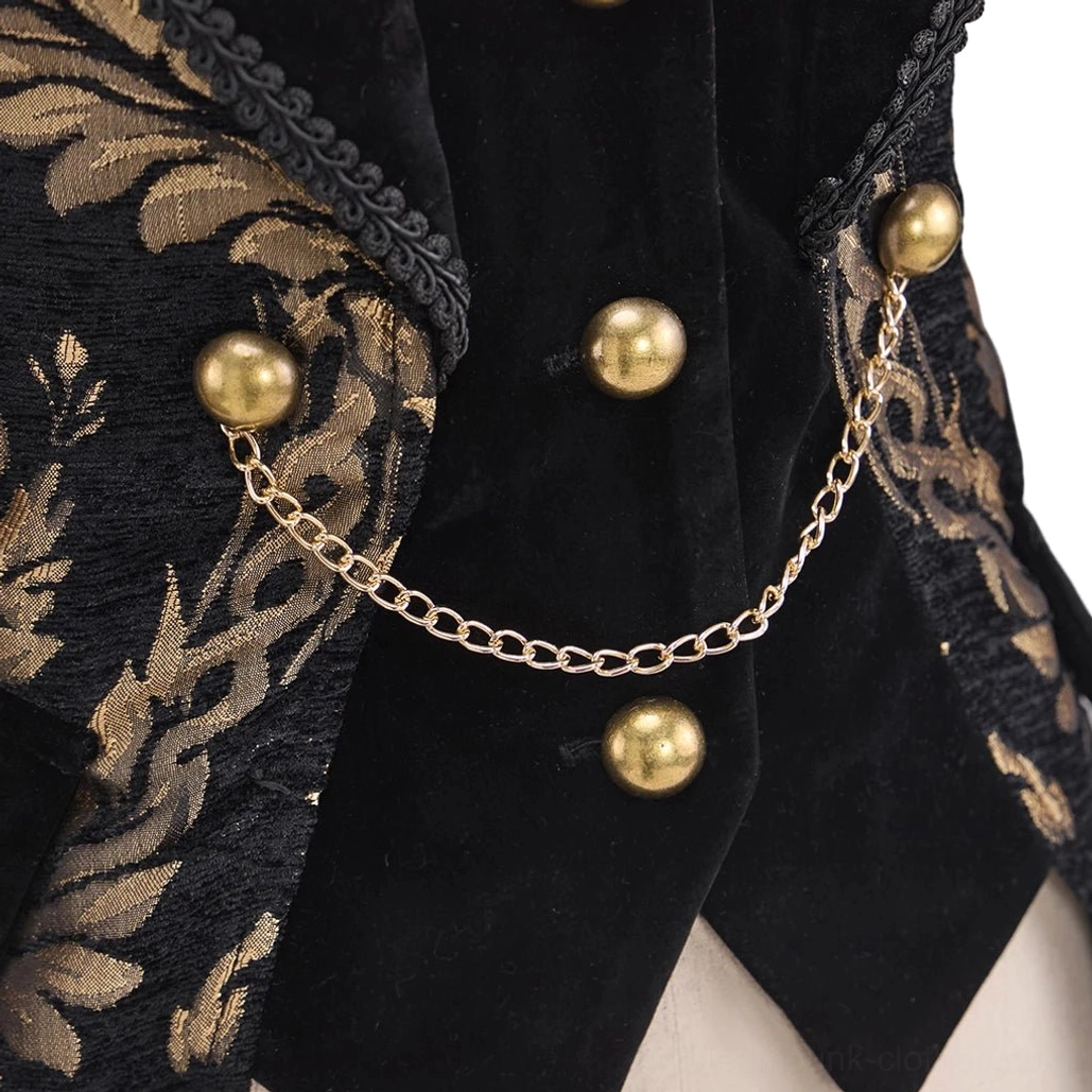 Steampunk coat hardware and fabric detail showing gold metal chain, mixed velvet and black jacquard fabric textures, and embroidered decorative elements