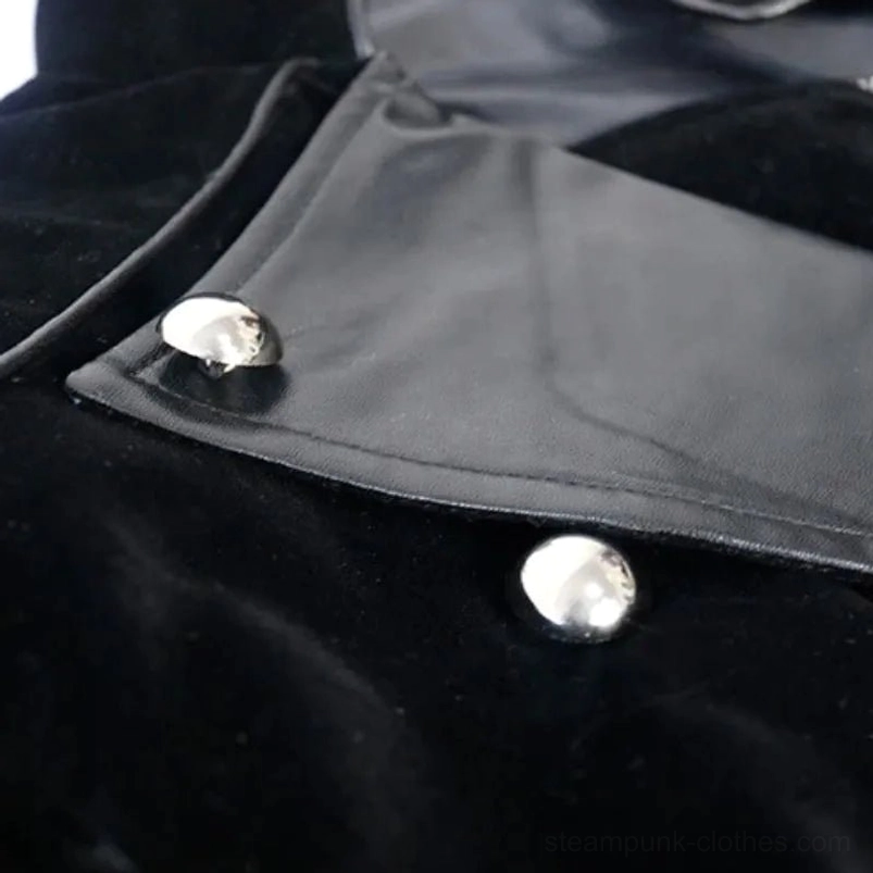 Steampunk coat snap button and collar hardware detail showing industrial fasteners