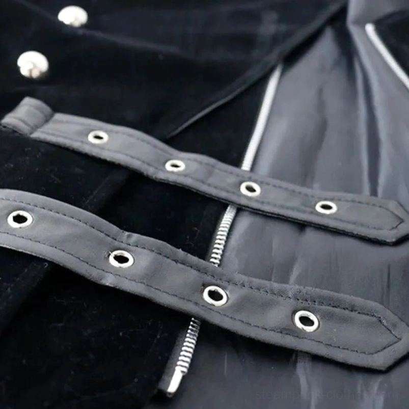 Faux leather strap and metal eyelet detail on steampunk military coat with satin lining