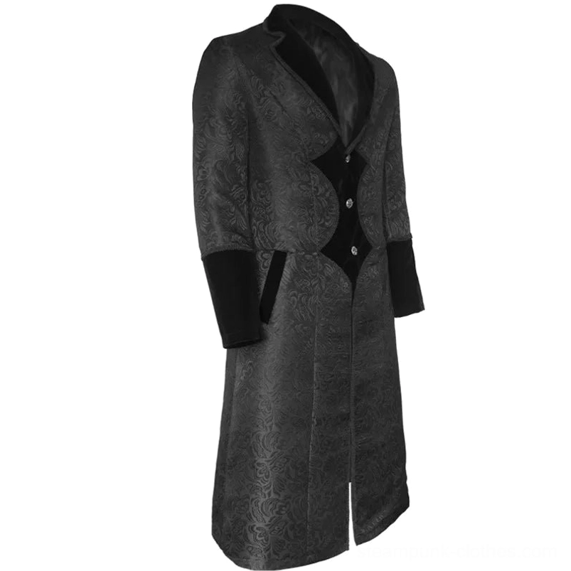 Gothic steampunk coat left side view showing tailored silhouette, side slit hem and hidden pocket design