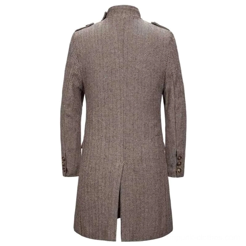 Steampunk long coat rear view displaying back vent split hem, herringbone tweed texture, and mid-length silhouette perfect for steampunk events and LARP