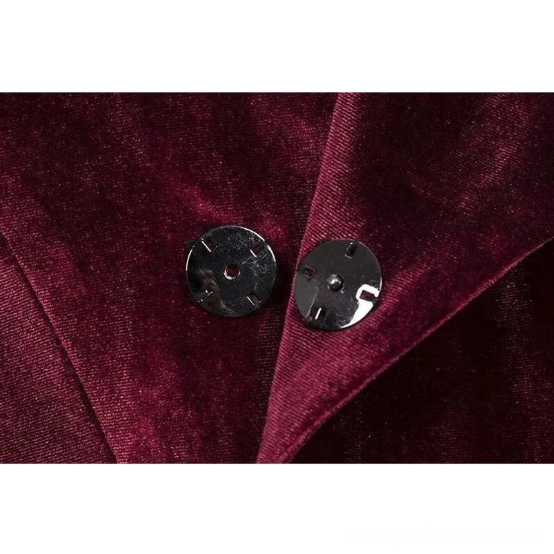Steampunk velvet coat front placket close-up - black metal snap buttons on wine red velvet fastening system