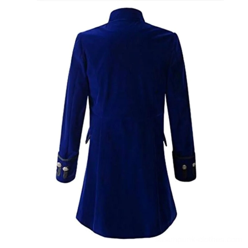 Navy blue steampunk military coat back view with silver cuff trims and long tailored hem