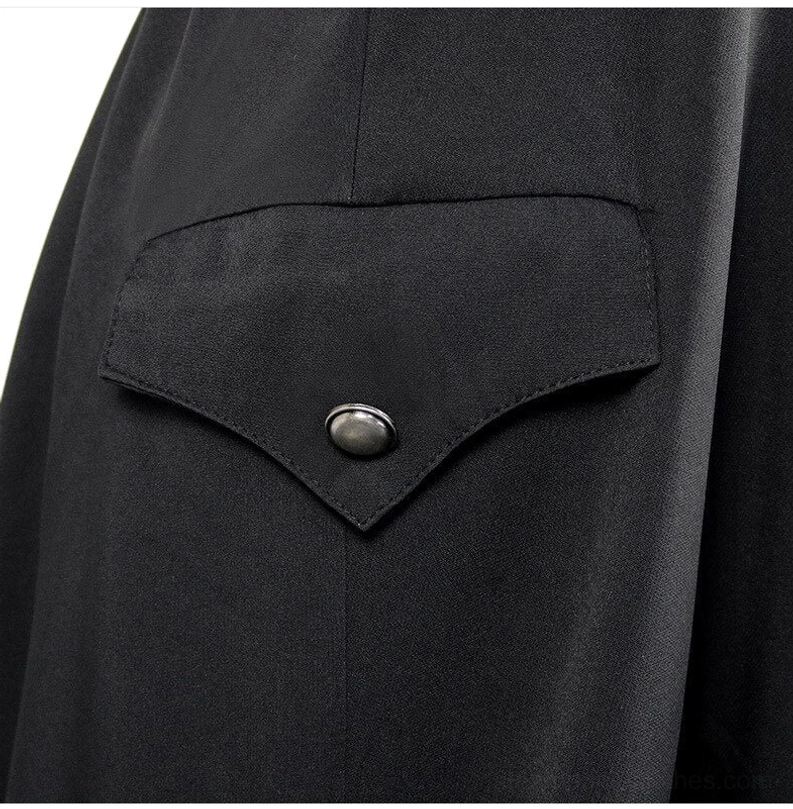 Steampunk trench coat pointed flap pocket with metal button closure and precision stitching