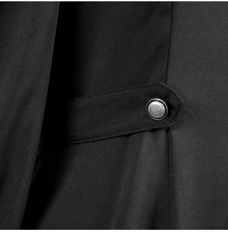 Steampunk gothic coat waist strap detail with metal button fastener and black smooth fabric