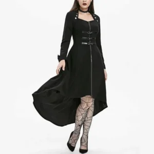 Gothic steampunk coat side front angle showing flowing asymmetric hemline and long fitted sleeves with cuff straps