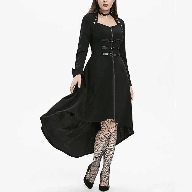 Gothic steampunk coat side front angle showing flowing asymmetric hemline and long fitted sleeves with cuff straps