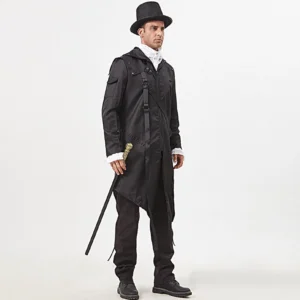 Steampunk coat left side profile - showing tailored dark trousers, decorative walking sword accessory, and side buckle detail on male model
