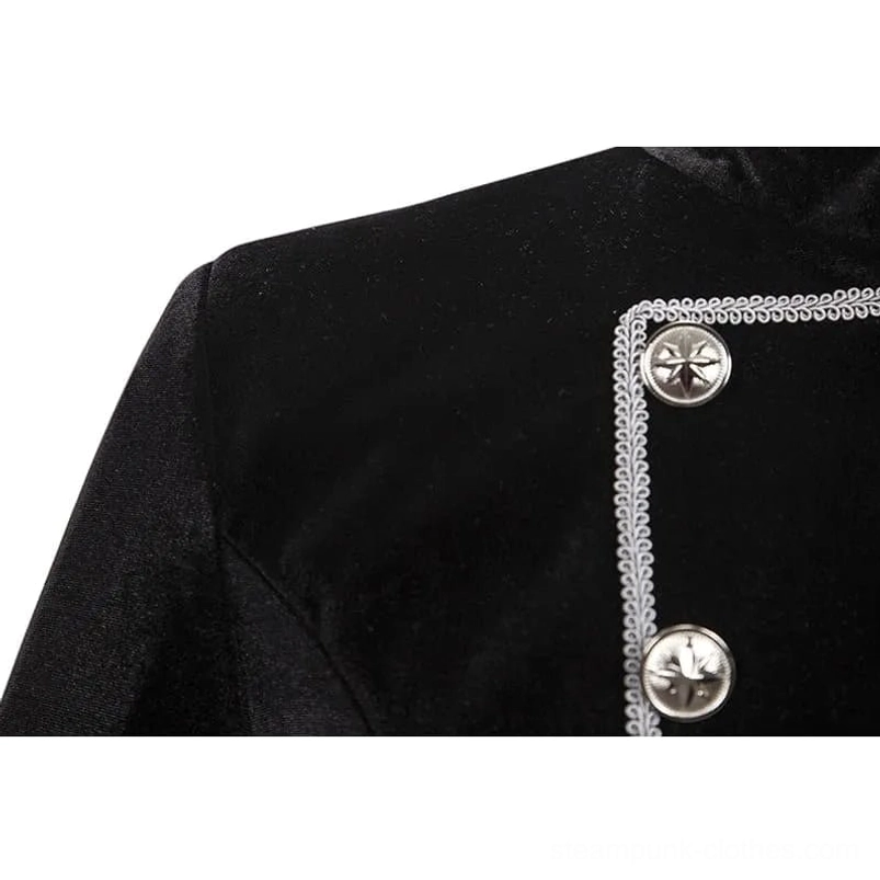 Steampunk tailcoat silver braided trim and star button detail on shoulder