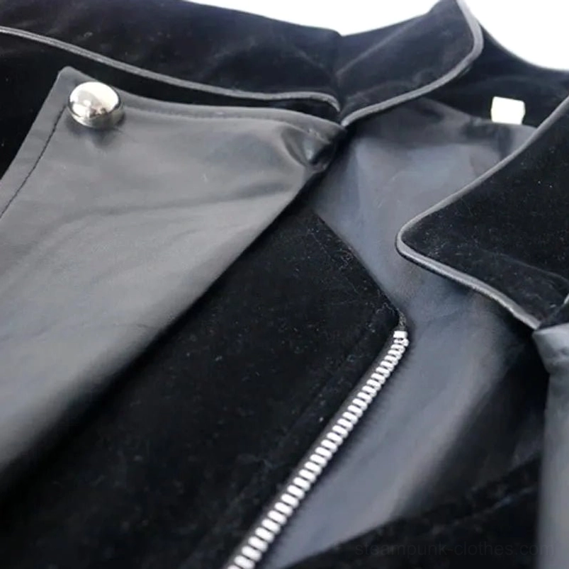 Close-up of velvet texture and silver metal zipper on steampunk coat collar