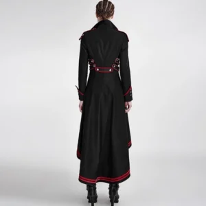 Steampunk coat back view displaying waist buckle details, red piping on cuffs and hemline, and high-low asymmetrical cut