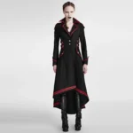 Women's black steampunk coat with asymmetrical hem and red trim, front full-body view showcasing military-style silver buttons and gothic silhouette