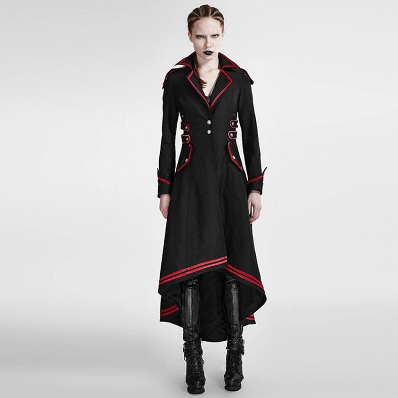 Women's black steampunk coat with asymmetrical hem and red trim, front full-body view showcasing military-style silver buttons and gothic silhouette