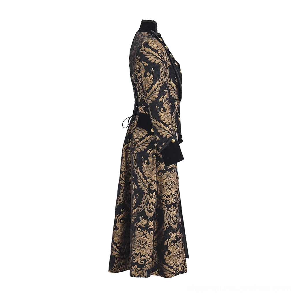 Women's steampunk long coat side view showcasing lace-up back corset closure, velvet cuffs, damask print details, and dramatic silhouette