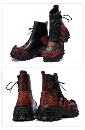 steampunk short combat boots front paired view with black-red leather and industrial printed details