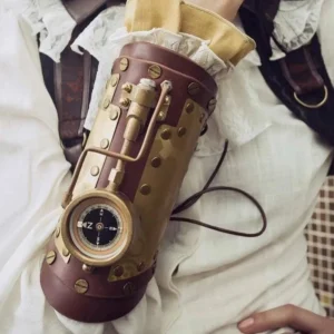 Steampunk brass compass forearm armor close-up showing riveted leather base with polished brass compass and copper accents on wrist
