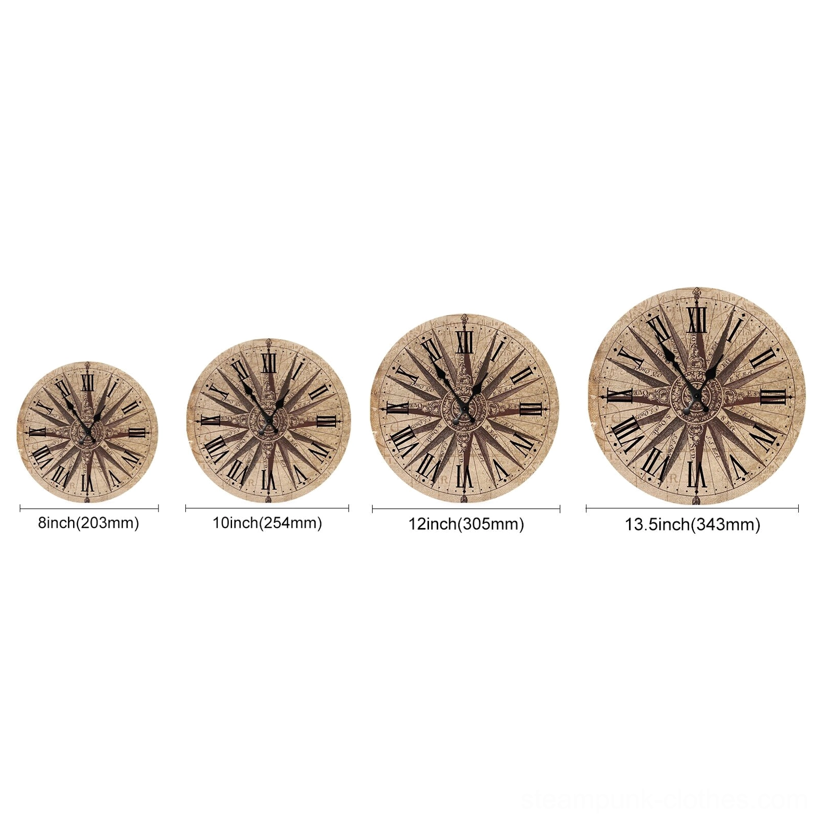 Multiple steampunk compass wall clock size comparison display showing 8 inch 10 inch 12 inch and 14 inch diameter options