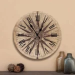 Steampunk compass clock Compass 1 vintage nautical wall timepiece with aged parchment dial and Roman numerals displayed on rustic tabletop