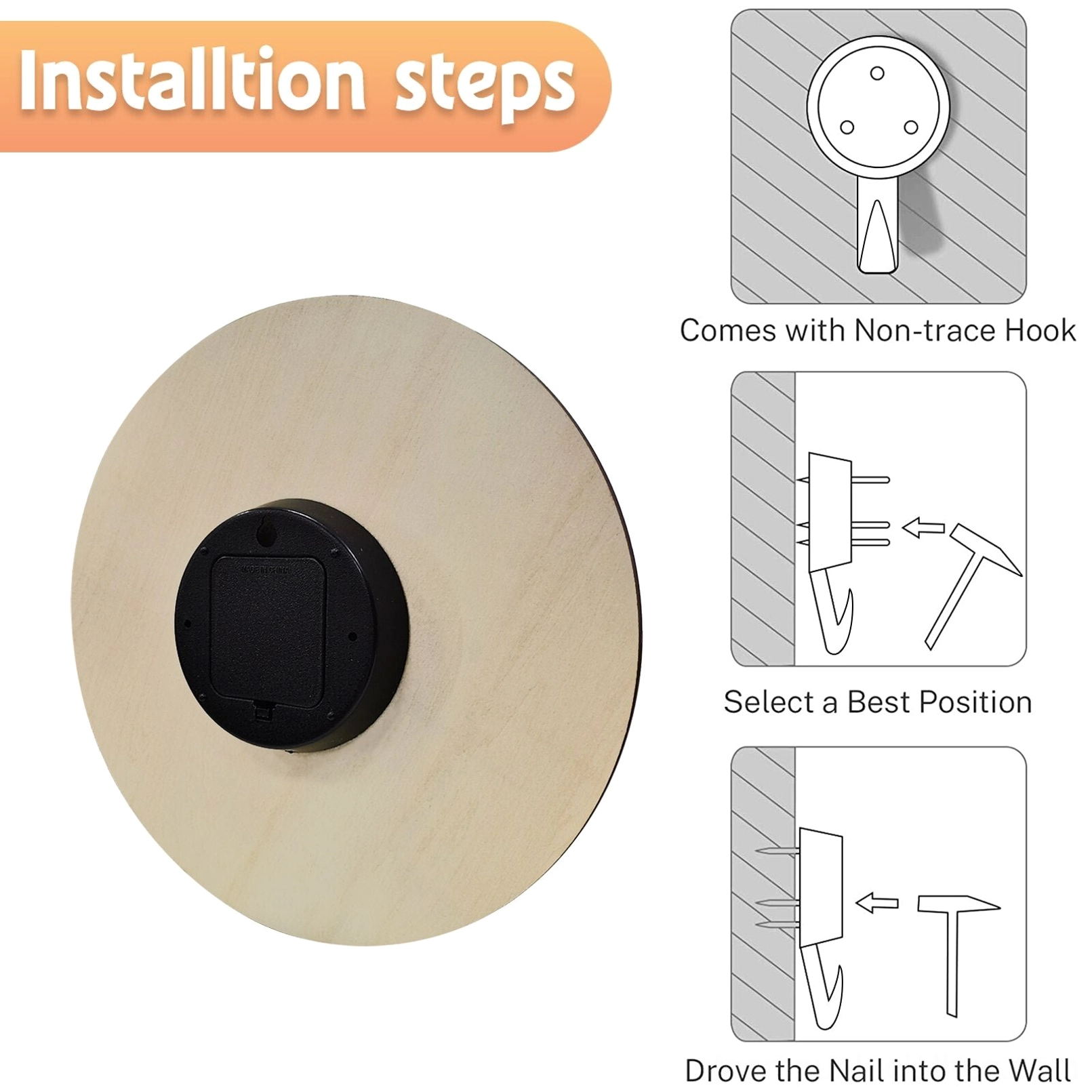 Steampunk clock installation instructions graphic with 3-step mounting guide and assembly diagram for wall installation