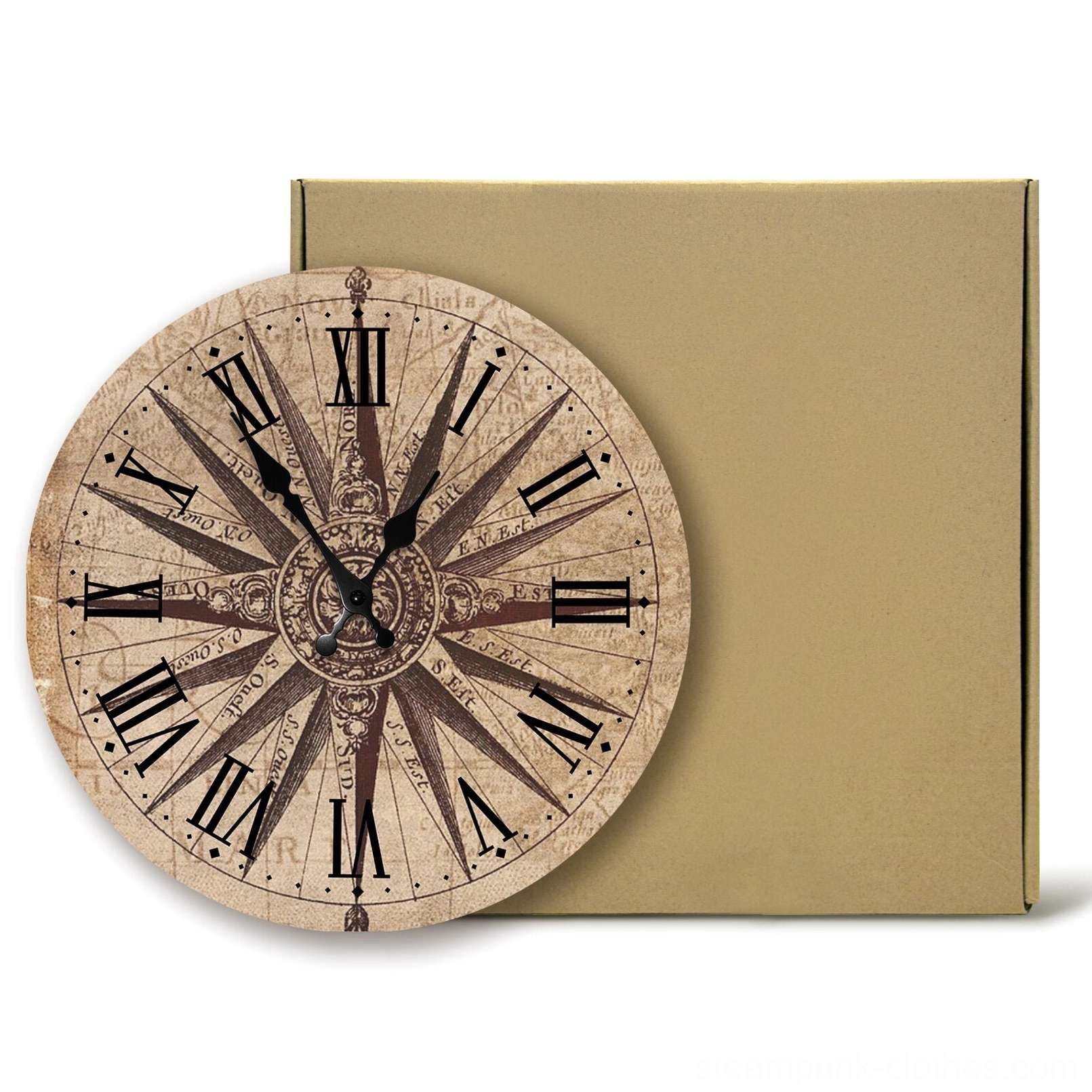 Steampunk compass clock with kraft paper shipping box and three-quarter angle view showing product packaging and presentation