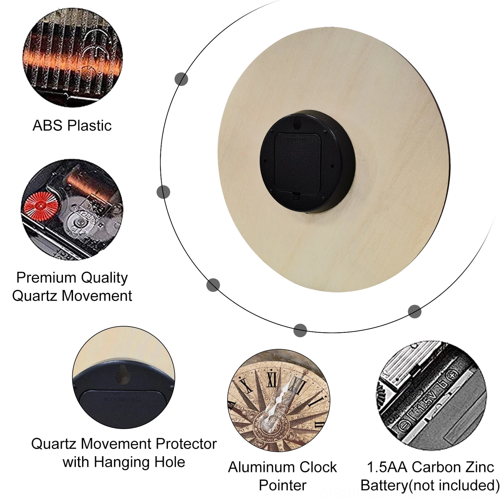 Steampunk compass clock internal components breakdown showing quartz movement mechanism and aluminum pointer components