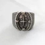 Vintage compass steampunk signet ring front view featuring aged silver-black finish with detailed north star compass motif and textured band